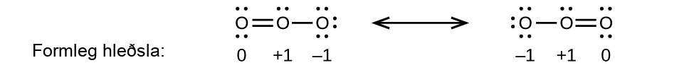 Two Lewis structures are shown with a double-headed arrow in between. The left structure shows an oxygen atom with one lone pair of electrons single bonded to an oxygen atom with three lone pairs of electrons. It is also double bonded to an oxygen atom with two lone pairs of electrons. The symbols and numbers below this structure read, “( 0 ), ( positive 1 ), ( negative 1 ).” The phrase, “Formal charge,” and a right-facing arrow lie to the left of this structure. The right structure appears as a mirror image of the left and the symbols and numbers below this structure read, “( negative 1 ), ( positive 1 ), ( 0 ).”