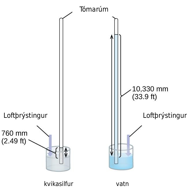Þessi mynd sýnir tvær loftvogir. Loftvogin til vinstri inniheldur grunnt kar, eða opið ílát, með kvikasilfri. Mjó pípa liggur upp úr karinu. Þessi pípa er lokuð í toppinn. Til hægri er sýndur annar svipaður búnaður með kari sem er fyllt með vatni. Línustrik tengja merkinguna „tómarúm“ við toppana á mjóu pípunum tveimur. Pípan til vinstri sýnir kvikasilfrið í karinu teygja sig upp í súlu í mjóu pípunni. Á sama hátt sýnir pípan til hægri vatnið í karinu teygja sig upp í viðkomandi mjóu pípu. Tvíhöfða örvar liggja frá yfirborði hvors vökva í karinu að yfirborði vökvans í hvorri pípu. Mjó súla eða stika liggur frá yfirborði karsins upp í sömu hæð. Þessi stika er merkt „loftþrýstingur“. Yfirborð vatnsins í pípu þess er mun hærra en yfirborð kvikasilfursins í pípu þess.