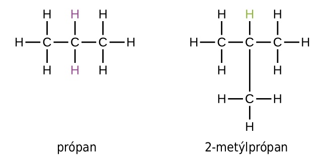 In this figure, propane is shown as a chain of three bonded C atoms. Eight H atoms are shown with three bonded to the first C atom, two to the middle C atom, and three to the third C atom. The H atoms bonded to the middle C atom are purple. 2 dash methylpropane is also shown, which similarly has a chain of three bonded C atoms. In this structure, A C atom is bonded beneath the middle C atom of the chain. Ten H atoms are shown with three bonded to the first C atom, one to the middle C atom, three to the third C atom, and three to the C atom also bonded to the middle C atom. The H atom bonded to the middle C atom is green.