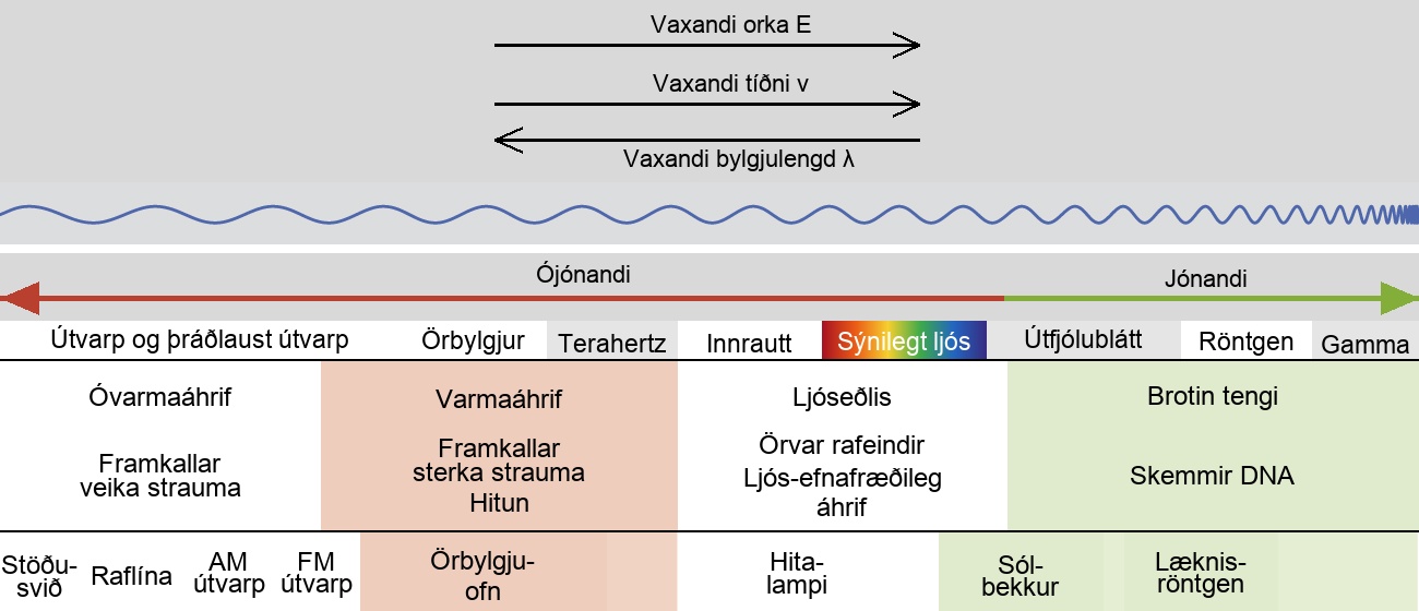Skýringarmyndin hefur tvo lóðrétta hluta. Efri hlutinn hefur tvær láréttar örvar sem vísa til hægri og eru merktar „Vaxandi orka, E“ og „Vaxandi tíðni, rho-táknið“. Lárétt ör sem vísar til vinstri liggur fyrir neðan þær fyrstu tvær og er merkt „Vaxandi bylgjulengd, lambda-táknið“. Vinstra megin á myndinni byrjar lárétt sínusbylgja sem færist yfir myndina til hægri og verður sífellt þéttari. Neðri hluti myndarinnar hefur tvístefnu lárétta ör efst, þar sem vinstri endinn er teiknaður í rauðu og merktur „Ójónandi“ og hægri endinn er teiknaður í grænu og merktur „Jónandi“. Fyrir neðan þetta er röð hugtaka, lesin frá vinstri til hægri sem „Útvarp og þráðlaus fjarskipti“, „Örbylgja“, „Terahertz“, „Innrautt“, „Sýnilegt ljós“, „Útfjólublátt“, „Röntgengeisli“ og „Gamma“. Fjórir dálkar liggja fyrir neðan þessa röð hugtaka. Sá fyrsti inniheldur orðasamböndin „Óvarmrænt“ og „Vekur lága strauma“ en sá annar hljóðar „Varmrænt“ og „Vekur háa strauma, Hitun“. Þriðji dálkurinn inniheldur orðasamböndin „Sjónrænt“ og „Örvar rafeindir, Ljós-efnafræðileg áhrif“ en sá fjórði hljóðar „Rofin tengi“ og „Skemmir DNA“. Röð hugtaka liggur fyrir neðan þessa dálka og lesast, frá vinstri til hægri, „Stöðusvið“, „Raflína“, „AM-útvarp“, „FM-útvarp“, „Örbylgjuofn“, „Hitalampi“, „Ljósabekkur“ og „Læknisfræðilegir röntgengeislar“.