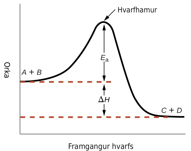 Sýnt er línurit með merkingunni „Framgangur hvarfs“ á x-ás og merkingunni „Orka“ á y-ás. Fyrir ofan x-ásinn er hluti ferils merktur „A plús B“. Frá hægri enda þessa svæðis heldur íhvolfi ferillinn áfram upp á við til að ná hámarki nálægt hæð y-ássins. Tindur þessa ferils er merktur „Umbreytingarstig”. Tvíhöfða ör liggur frá rauðri láréttri brotalínu sem byrjar á y-ásnum á sameiginlegum endapunkti með ferlinum að tindi ferilsins. Þessi ör er merkt „E með lágvísi a“. Önnur lárétt rauð brotalína er dregin frá hægri enda svarta ferilsins til vinstri að lóðrétta ásnum á stigi sem er talsvert lægra en upphaflegi endi ferilsins sem merktur er „A plús B“. Endi ferilsins sem deilir þessu striki er merktur „C plús D“. Ferillinn, sem upphaflega var brotalína, heldur áfram sem heil lína frá hámarkinu að endapunkti sínum hægra megin á ritinu. Önnur tvíhöfða ör er sýnd. Þessi ör liggur á milli láréttu brotalínanna tveggja og er merkt „stórt delta H“.