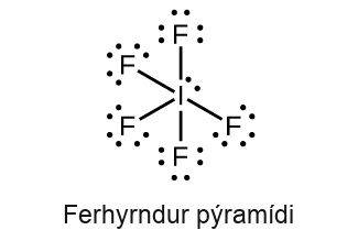 This Lewis structure shows an iodine atom with one lone pair of electrons single bonded to five fluorine atoms, each of which has three lone pairs of electrons. The image is labeled, “Square pyramidal.”