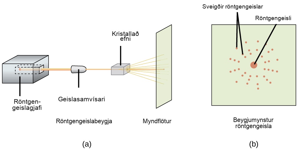 Skýringarmynd, merkt „a“, sýnir tening vinstra megin með rás boraða í hægri hlið hans, merkt „Röntgengeislagjafi“. Geisli kemur út úr þessari rás og ferðast í láréttri línu að sporöskjulaga, stuttu röri, merktu „Samsíðari til að fókusa geisla“ og „Röntgengeislabeygja“, þar sem hann fer í gegnum tening merktan „Kristallað efni“ og dreifist á lóðréttan flöt merktan „Myndflötur“. Önnur skýringarmynd, merkt „b“, sýnir ferningslaga flöt með stórum punkti í miðjunni merktum „Röntgengeisli“, sem er umkringdur smærri punktum sem raðað er í hringi og merktir „Beygðir röntgengeislar“.