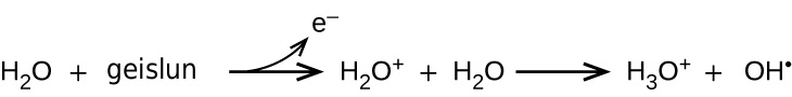 This image shows a reaction. It starts with H subscript 2 O plus radiation. There is a right-facing arrow which points to H subscript 2 O superscript positive sign plus H subscript 2 O. From the arrow, there is another arrow that curves upward and points to an e superscript negative sign. After the second H subscript 2 O there is another right-facing arrow which points to H subscript 3 O superscript positive sign plus O H superscript negative sign.
