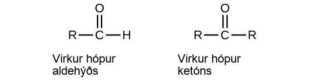 Five structures are shown. The first is a C atom with an R group bonded to the left and an H atom to the right. An O atom is double bonded above the C atom. This structure is labeled, “Functional group of an aldehyde.” The second structure shows a C atom with R groups bonded to the left and right. An O atom is double bonded above the C atom. This structure is labeled, “Functional group of a ketone.” The third structure looks exactly like the functional group of a ketone. The fourth structure is labeled C H subscript 3 C H O. It is also labeled, “An aldehyde,” and “ethanal (acetaldehyde).” This structure has a C atom to which 3 H atoms are bonded above, below, and to the left. In red to the right of this C atom, a C atom is attached which has an O atom double bonded above and an H atom bonded to the right. The O atom as two sets of electron dots. The fifth structure is labeled C H subscript 3 C O C H subscript 2 C H subscript 3. It is also labeled, “A ketone,” and “butanone.” This structure has a C atom to which 3 H atoms are bonded above, below, and to the left. To the right of this in red is a C atom to which an O atom is double bonded above. The O atom has two sets of electron dots. Attached to the right of this red C atom in black is a two carbon atom chain with H atoms attached above, below, and to the right.