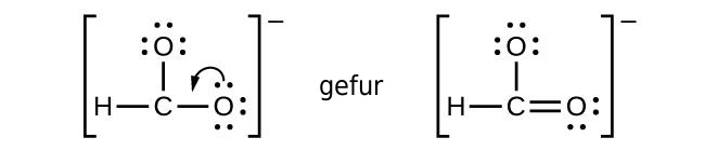 Tvær Lewisbyggingar með orðinu „gefur“ á milli eru sýndar fyrir CHO₂⁻. Vinstri byggingin, innan hornklofa með neikvæðri hleðslu, sýnir C eintengt við H og tvær O-frumeindir. Sveigð ör sýnir að stakt rafeindapar frá súrefni færist að kolefni. Hægri byggingin sýnir C=O tvítengi, C-O eintengi og C-H eintengi.