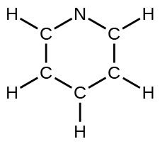 A Lewis structure depicts a hexagonal ring composed of five carbon atoms and one nitrogen atom. Each carbon atom is með eintengi to a hydrogen atom.