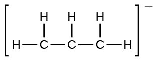 Lewisbygging sýnir a carbon atom með eintengi to two hydrogen atoms and a second carbon atom. The second carbon atom is með eintengi to a hydrogen atom and a third carbon atom. The third carbon atom is með eintengi to two hydrogen atoms. The whole structure is surrounded by brackets, and there is a upphækkað negative sign.