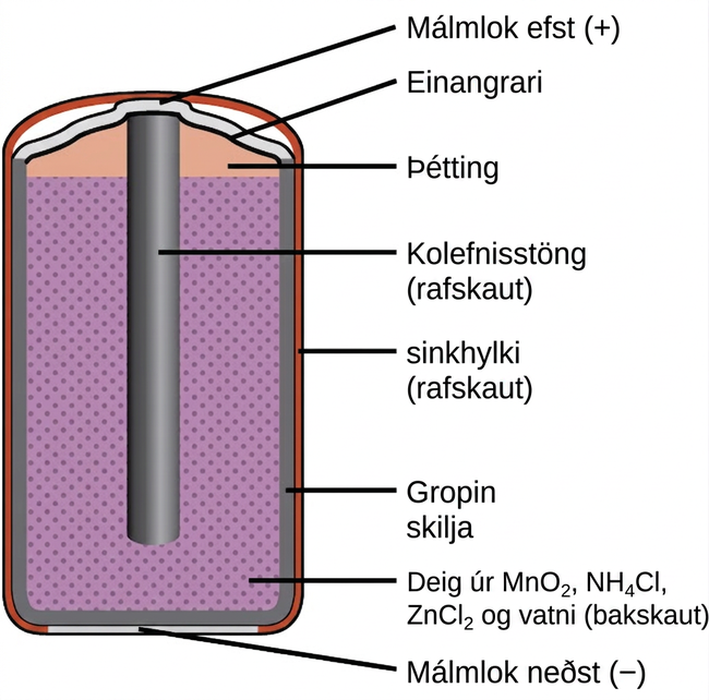 Mynd af þversniði þurrsellurafhlöðu er sýnd. Heildarlögun sellunnar er sívöl. Hliðarflötur sívalningsins, sýndur sem þunn rauð lína, er merktur „sinkdós (skaut)“. Rétt undir þessu er aðeins þykkari dökkgrár flötur sem þekur hliðarflöt, topp og botn rafhlöðunnar, sem er merktur „Gljúpur skiljari“. Inni í er fjólublátt svæði með mörgum jafndreifðum litlum dekkri fjólubláum punktum, merkt „Mauk af M n O lágvísir 2, N H lágvísir 4 C l, Z n C l lágvísir 2, vatni (bakskaut)“. Dökkgrá stöng, merkt „Kolefnisstöng (skaut)“, nær frá toppi rafhlöðunnar og skilur eftir bil sem er minna en fimmtungur af hæð rafhlöðunnar undir stönginni að botni sívalningsins. Þunn grá línubútur neðst á sívalningnum er merktur „Málmbotnlok (mínus)“. Efst á sívalningnum er þunnur grár flötur sem sveigist upp á við í miðjunni yfir topp kolefnisskautsins í miðju sívalningsins. Þessi efri flötur er merktur „Málmtopplok (plús)“. Þunn dökkgrá lína rétt undir þessum fleti er merkt „Einangrari“. Fyrir neðan þetta, ofan við fjólubláa svæðið og utan við kolefnisskautið í miðjunni er appelsínugult svæði sem er merkt „Innsigli“.