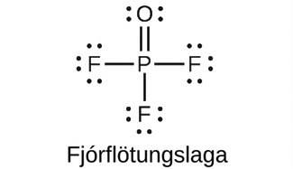 Þessi Lewis-bygging sýnir fosfóratóm sem er eintengt við þrjú flúoratóm, hvert með þrjú stök rafeindapör. Fosfóratómið er einnig tvítengt við súrefnisatóm með tvö stök rafeindapör. Merkingin „Tetrahedral“ (fjórflötungur) er skrifuð undir bygginguna.