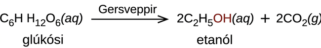 Gerjun glúkósa í etanól og koltvísýring er sýnd: C₆H₁₂O₆(aq) ⟶ 2C₂H₅OH(aq) + 2CO₂(g), með ger yfir hvarförinni. OH-hópur etanóls er rauður.