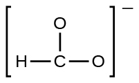Lewisbygging sýnir a carbon atom með eintengi to two oxygen atoms and a hydrogen atom. The structure is surrounded by brackets and there is a upphækkað negative sign.