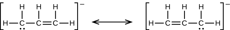 Tvær Lewis-byggingar eru sýndar með tvíhöfða ör á milli. Vinstri byggingin sýnir kolefnisatóm eintengt við tvö vetnisatóm og annað kolefnisatóm. Annað kolefnisatómið er eintengt við vetnisatóm og tvítengt við þriðja kolefnisatómið. Þriðja kolefnisatómið er eintengt við tvö vetnisatóm. Öll byggingin er umkringd hornklofum og hækkuðu mínusmerki. Hægri byggingin sýnir kolefnisatóm eintengt við tvö vetnisatóm og tvítengt við annað kolefnisatóm. Annað kolefnisatómið er eintengt við vetnisatóm og þriðja kolefnisatómið. Þriðja kolefnisatómið er eintengt við tvö vetnisatóm. Öll byggingin er umkringd hornklofum og hækkuðu mínusmerki.