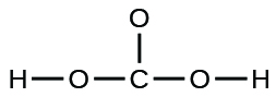 Lewisbygging er sýnd. A carbon atom is með eintengi to three oxygen atoms. Two of those oxygen atoms are each með eintengi to a hydrogen atom.