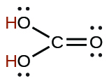 Lewis-bygging kolsýru (H₂CO₃) er sýnd.