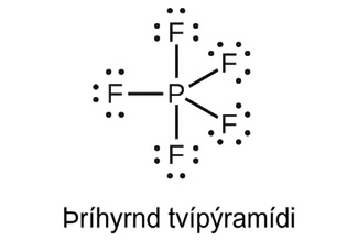 Þessi Lewis-bygging sýnir fosfóratóm sem er eintengt við fimm flúoratóm, hvert með þrjú rafeindapör. Merkingin „Þríhyrndur tvípýramídi“ er skrifuð undir byggingunni.