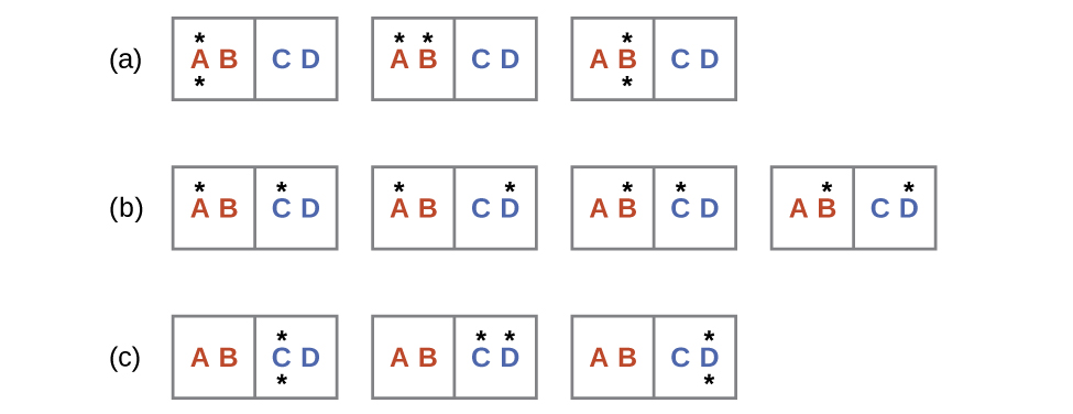 Sýndar eru þrjár raðir merktar a, b og c og inniheldur hver þeirra rétthyrninga með tveimur hliðum þar sem vinstri hliðin er merkt „A“ og „B“ og sú hægri er merkt „C“ og „D“. Röð a hefur þrjá rétthyrninga þar sem sá fyrsti er með punkt ofan og neðan við stafinn A, annar er með punkt ofan við A og B, og sá þriðji er með punkt ofan og neðan við stafinn B. Röð b hefur fjóra rétthyrninga; sá fyrsti er með punkt ofan við A og C, annar er með punkt ofan við A og D, þriðji er með punkt ofan við B og C og sá fjórði er með punkt ofan við B og D. Röð c hefur þrjá rétthyrninga; sá fyrsti er með punkt ofan og neðan við stafinn C, annar er með punkt ofan við C og D og sá þriðji er með punkt ofan og neðan við stafinn D.