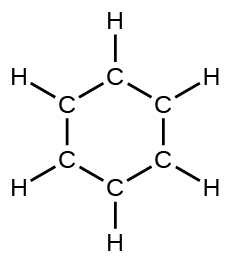 Lewisbygging sýnir a hexagonal ring composed of six carbon atoms. They form single bonds to each another and single bonds to one hydrogen atom each.