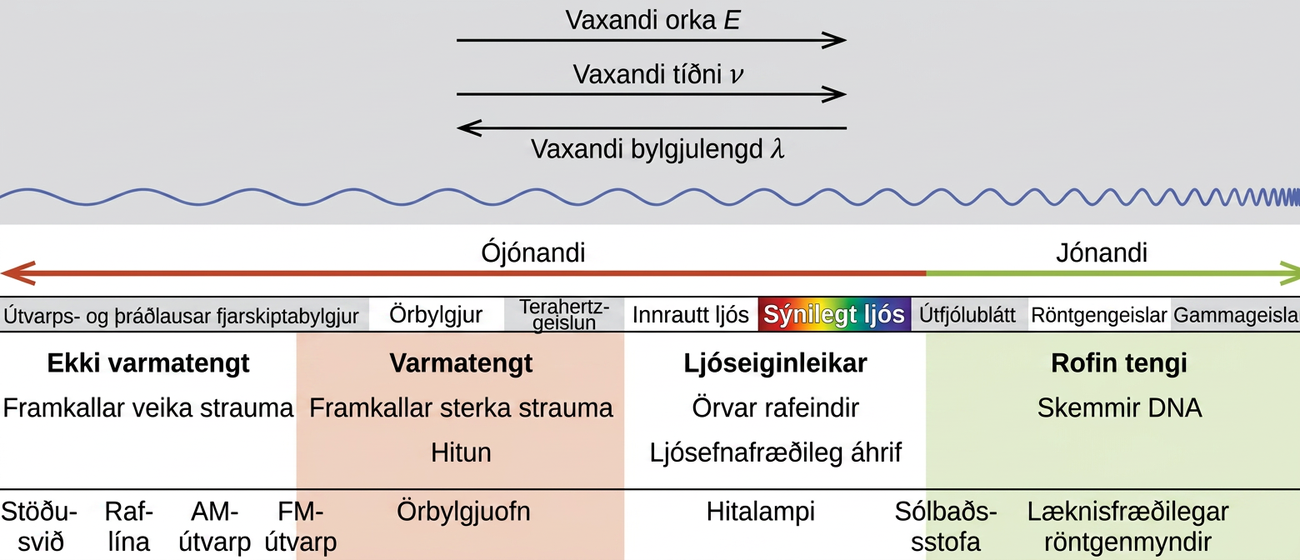 Skýringarmyndin hefur tvo lóðrétta hluta. Efri hlutinn hefur tvær láréttar örvar sem vísa til hægri og eru merktar „Vaxandi orka, E“ og „Vaxandi tíðni, rho-táknið“. Lárétt ör sem vísar til vinstri liggur fyrir neðan þær fyrstu tvær og er merkt „Vaxandi bylgjulengd, lambda-táknið“. Vinstra megin á myndinni byrjar lárétt sínusbylgja sem færist yfir myndina til hægri og verður sífellt þéttari. Neðri hluti myndarinnar hefur tvístefnu lárétta ör efst, þar sem vinstri endinn er teiknaður í rauðu og merktur „Ójónandi“ og hægri endinn er teiknaður í grænu og merktur „Jónandi“. Fyrir neðan þetta er röð hugtaka, lesin frá vinstri til hægri sem „Útvarp og þráðlaus fjarskipti“, „Örbylgja“, „Terahertz“, „Innrautt“, „Sýnilegt ljós“, „Útfjólublátt“, „Röntgengeisli“ og „Gamma“. Fjórir dálkar liggja fyrir neðan þessa röð hugtaka. Sá fyrsti inniheldur orðasamböndin „Óvarmrænt“ og „Vekur lága strauma“ en sá annar hljóðar „Varmrænt“ og „Vekur háa strauma, Hitun“. Þriðji dálkurinn inniheldur orðasamböndin „Sjónrænt“ og „Örvar rafeindir, Ljós-efnafræðileg áhrif“ en sá fjórði hljóðar „Rofin tengi“ og „Skemmir DNA“. Röð hugtaka liggur fyrir neðan þessa dálka og lesast, frá vinstri til hægri, „Stöðusvið“, „Raflína“, „AM-útvarp“, „FM-útvarp“, „Örbylgjuofn“, „Hitalampi“, „Ljósabekkur“ og „Læknisfræðilegir röntgengeislar“.
