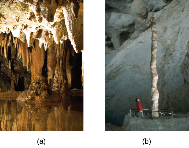 Tvær ljósmyndir eru sýndar og merktar „a“ og „b“. Mynd a sýnir stalaktíta sem hanga úr lofti hellis en mynd b sýnir stalagmíta sem vaxa upp úr gólfi hellis.