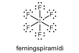 Þessi Lewis-bygging sýnir joðatóm með eitt stakt rafeindapar sem er eintengt við fimm flúoratóm, sem hvert hefur þrjú stök rafeindapör. Myndin er merkt „Square pyramidal“ (ferhyrndur pýramídi).