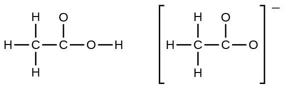 Tvær Lewisbyggingar eru sýndar with a double headed arrow in between. The left structure shows a carbon atom með eintengi to three hydrogen atoms and a second carbon atom. The second carbon is með eintengi to two oxygen atoms. One of the oxygen atoms is með eintengi to a hydrogen atom. The right structure, surrounded by brackets and with a upphækkað negative sign, depicts a carbon atom með eintengi to three hydrogen atoms and a second carbon atom. The second carbon atom is með eintengi to two oxygen atoms.