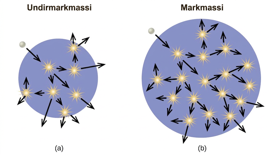 Myndirnar eru sýndar og merktar „a“, „b“ og „c“. Mynd a, merkt „Undirmarkmassa”, sýnir bláan hringlaga bakgrunn með hvítri kúlu nálægt ytri, efri, vinstri brún hringsins. Ör sem vísar niður og til hægri gefur til kynna að hvíta kúlan fari inn í hringinn. Sjö litlir, gulir stjörnublossar eru teiknaðir í bláa hringnum og frá hverjum þeirra liggur ör út fyrir hringinn í að því er virðist handahófskenndar áttir. Mynd b, merkt „Markmassa”, sýnir bláan hringlaga bakgrunn með hvítri kúlu nálægt ytri, efri, vinstri brún hringsins. Ör sem vísar niður og til hægri gefur til kynna að hvíta kúlan fari inn í hringinn. Sautján litlir, gulir stjörnublossar eru teiknaðir í bláa hringnum og frá hverjum þeirra liggur ör út fyrir hringinn í að því er virðist handahófskenndar áttir. Mynd c, merkt „Markmassa vegna endurkasts nifteinda”, sýnir bláan hringlaga bakgrunn sem liggur í stærri fjólubláum hring, með hvítri kúlu nálægt ytri, efri, vinstri brún fjólubláa hringsins. Ör sem vísar niður og til hægri gefur til kynna að hvíta kúlan fari inn í báða hringina. Þrettán litlir, gulir stjörnublossar eru teiknaðir í bláa hringnum og frá hverjum þeirra liggur ör út fyrir bláa hringinn, og nokkrar út fyrir fjólubláa hringinn, í að því er virðist handahófskenndar áttir.