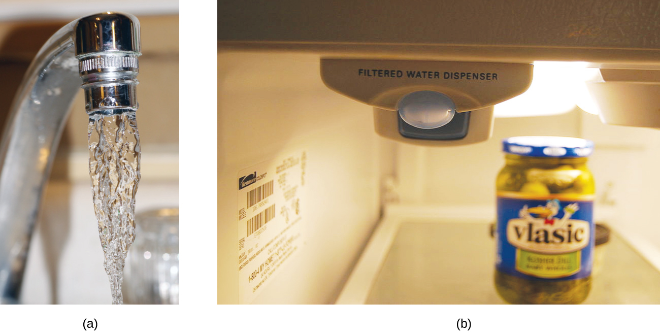 Tvær myndir eru sýndar, merktar a og b. Mynd a er nærmynd af vatni sem rennur úr krana. Mynd b sýnir tæki með áletruninni „Filtered Water Dispenser“. Þetta tæki virðist vera inni í ísskáp.