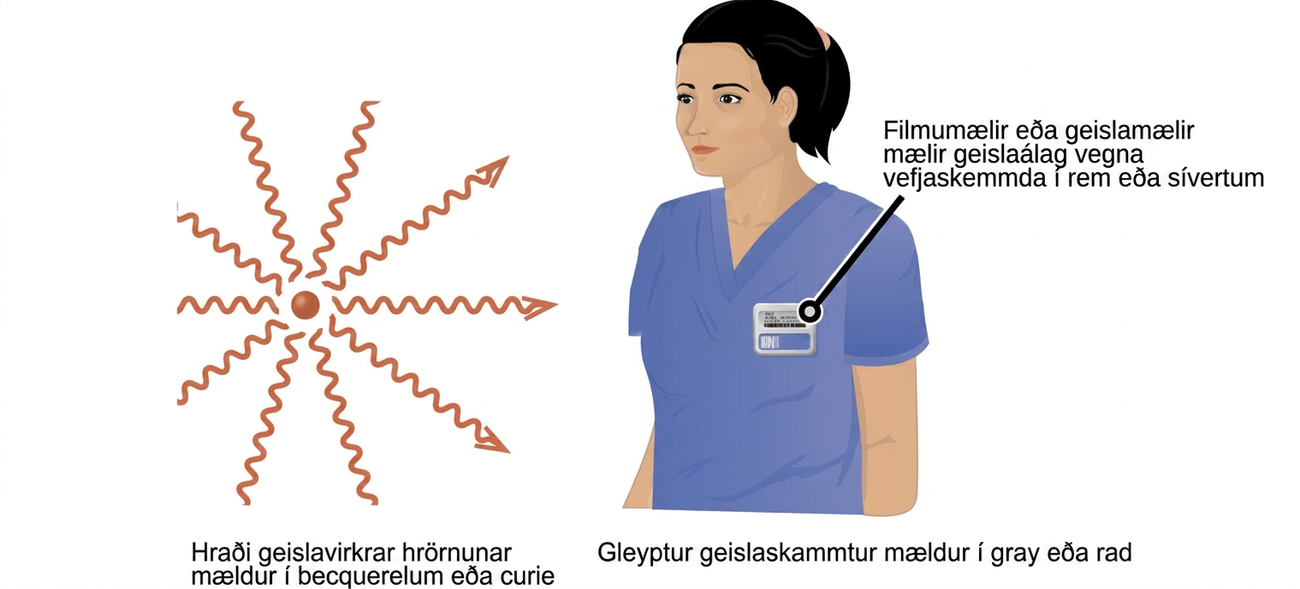 Sýndar eru tvær myndir. Sú fyrri, merkt „Hraði geislavirks hrörnunar mældur í becquerel eða curie“, sýnir rauða kúlu með tíu rauðum bylgjuörvum sem vísa frá henni í 360 gráðu hring. Seinni myndin sýnir höfuð og bol konu í lækningafatnaði með barmmerki. Textinn við barmmerkið segir „Filmu- eða geislamælir mælir útsetningu fyrir vefjaskemmdum í rem eða sívert” en setning undir þessari mynd segir „Gleyptur skammtur mældur í gray eða rad.”