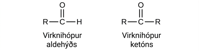 Fimm formúlur bera saman aldehýð og ketón. Almennur aldehýðhópur er R–C(=O)–H og almennur ketónhópur R–C(=O)–R. Síðan eru sýnd etanal, CH₃CHO, og bútanón, CH₃COCH₂CH₃; karbónýlhóparnir eru rauðir.