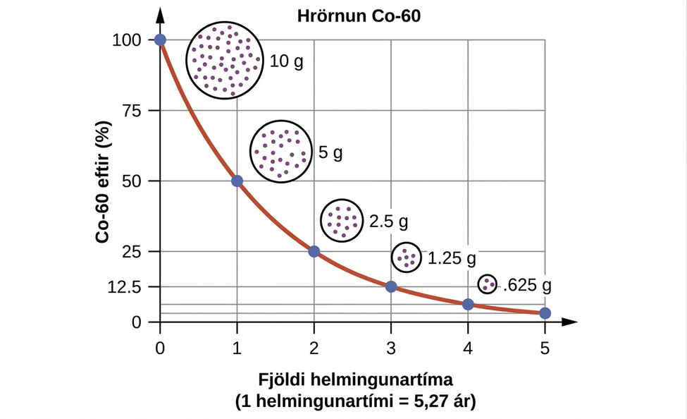 Sýnt er línurit með titlinum „C o bandstrik 60 hrörnun“, þar sem x-ásinn er merktur „C o bandstrik 60 eftir, opinn svigi, prósentumerki, lokaður svigi“ og hefur gildi frá 0 til 100 með skrefastærðinni 25. Y-ásinn er merktur „Fjöldi helmingunartíma“ og hefur gildi frá 0 til 5 með skrefastærðinni 1. Fyrsti punkturinn, við „0, 100“, hefur hring fylltan með smáum punktum teiknaðan nálægt sér sem er merktur „10 g.“ Annar punkturinn, við „1, 50“, hefur minni hring fylltan með smáum punktum teiknaðan nálægt sér sem er merktur „5 g.“ Þriðji punkturinn, við „2, 25“, hefur lítinn hring fylltan með smáum punktum teiknaðan nálægt sér sem er merktur „2.5 g.“ Fjórði punkturinn, við „3, 12.5“, hefur mjög lítinn hring fylltan með smáum punktum teiknaðan nálægt sér sem er merktur „1.25 g.“ Síðasti punkturinn, við „4, 6.35“, hefur örsmáan hring fylltan með smáum punktum teiknaðan nálægt sér sem er merktur „625 g.“