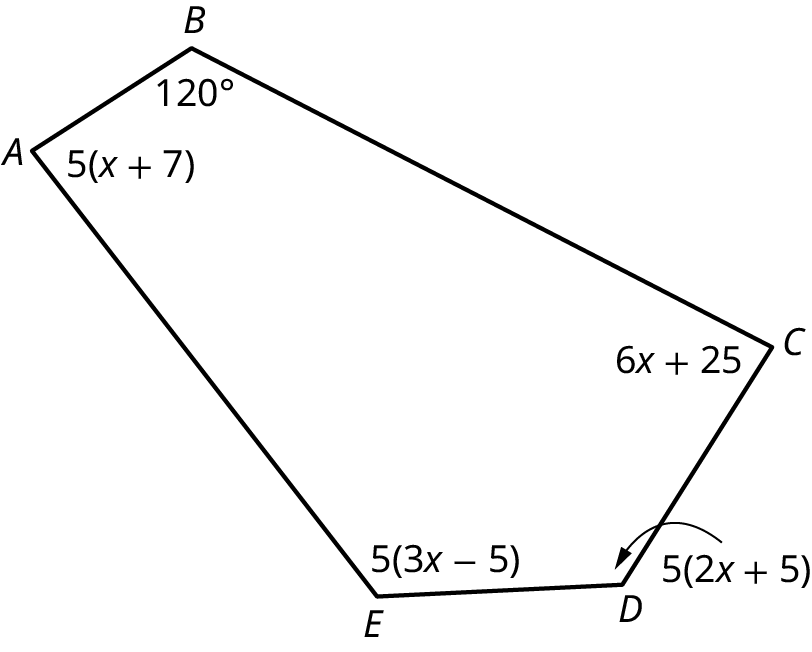 Marghyrningurinn ABCDE. Hornin A, B, C, D og E eru 5(x + 7)°, 120°, (6x + 25)°, 5(2x + 5)° og 5(3x − 5)°.