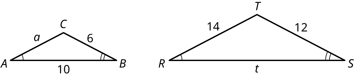 Þríhyrningarnir ABC og RST. Í ABC er AC = a, BC = 6 og AB = 10. Í RST er RT = 14, TS = 12 og RS = t. Horn A og R eru einslaga og B og S einslaga.