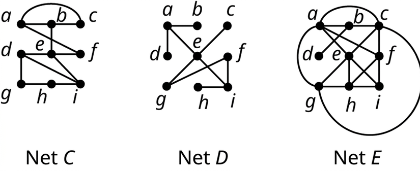 Þrjú net eru merkt C, D og E. Net C hefur leggina ab, bc, ac, be, de, ef, af, ei, dg, gh, hi og ei. Net D hefur leggina ab, ad, ae, ec, eg, ei, gf, ih og fi. Net E hefur leggina ab, bc, ac, bd, ae, af, ce, eg, eh, ei, fh, fi, gh, gi, ag, cf og cg.