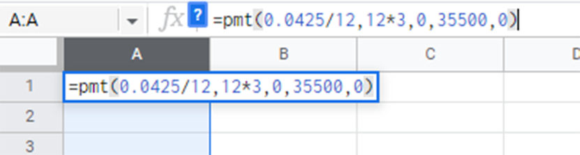 Í reit A1 er PMT-formúlan =pmt(0.0425/12,12*3,0,35500,0) auðkennd.