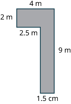 L-laga mynd. Hliðarnar eru 2 metrar, 4 metrar, 9 metrar, 1,5 metri, 7 metrar og 2,5 metrar.