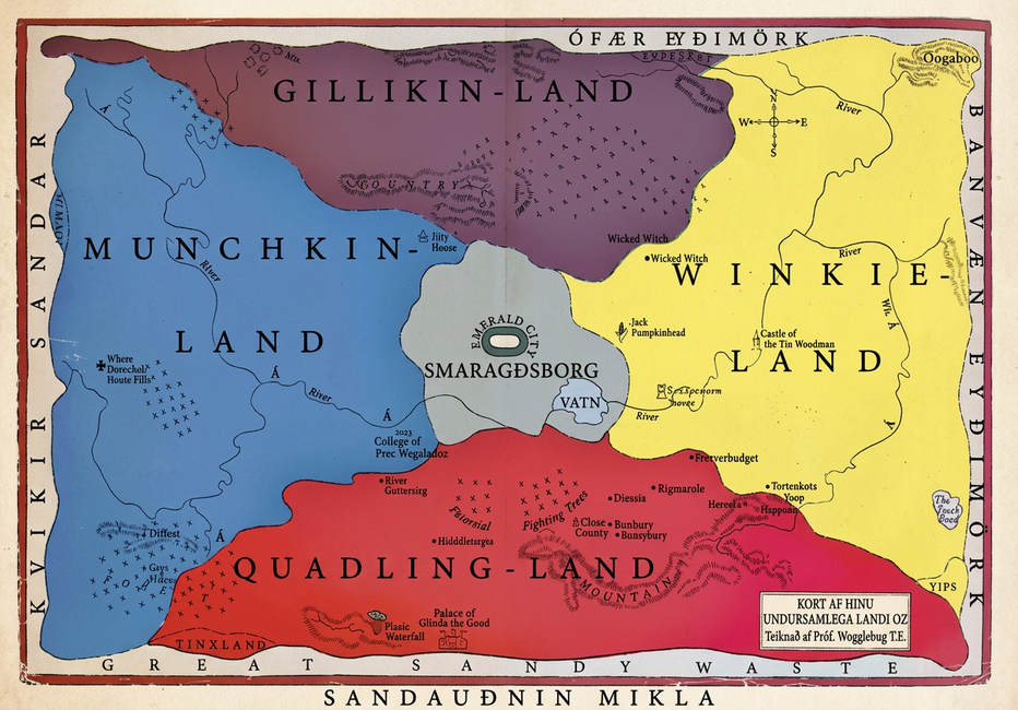Kort af töfralandinu Oz. Svæðin eru Gillikin Country, Munchkin Country, Emerald City, Winkie Country og Quadling Country.