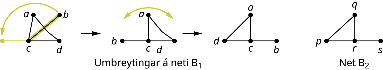 Neti B1 er umbreytt í net B2. Net B1 hefur fjóra hnúta: a, b, c og d. Leggirnir tengja ac, bc, ad og cd. Neti B1 er snúið 90 gráður rangsælis og síðan 180 gráður réttsælis til að fá net B2. Net B2 hefur fjóra hnúta: p, q, r og s. Leggirnir tengja pq, qr, rs og rp.