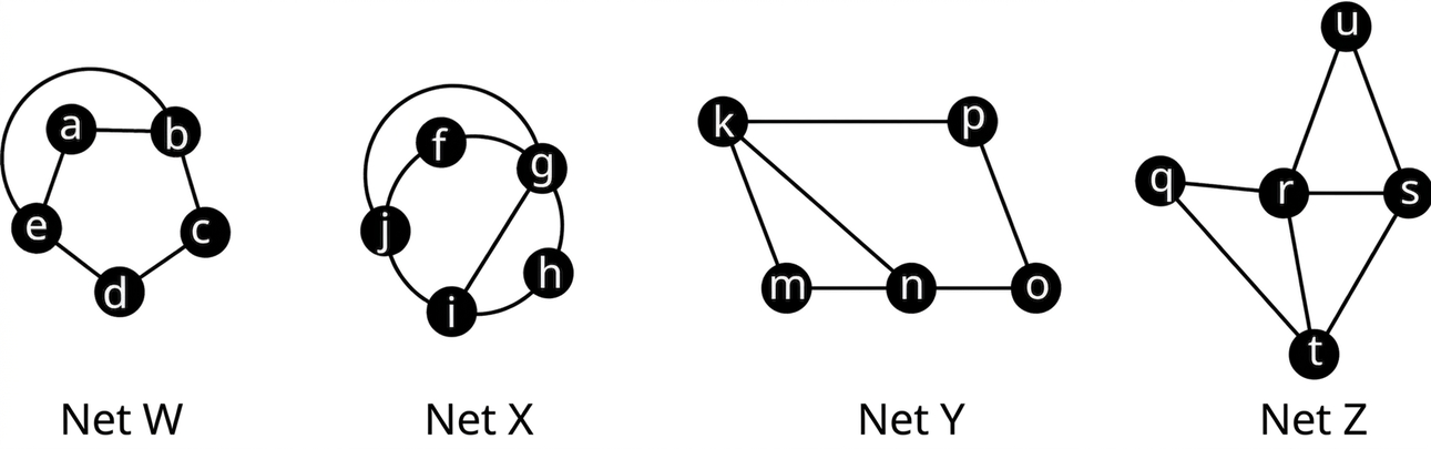 Fjögur net. Net W hefur fimm hnúta: a, b, c, d og e. Leggirnir tengja ab, bc, cd, de, ea og eb. Net X hefur fimm hnúta: f, g, h, i og j. Leggirnir tengja fg, gh, hi, ij, jf, jg og ig. Net Y hefur fimm hnúta: k, m, n, o og p. Leggirnir tengja kp, po, on, nm, mk og kn. Net Z hefur fimm hnúta: q, r, s, u og t. Leggirnir tengja ur, us, sr, rq, qt, rt og st.