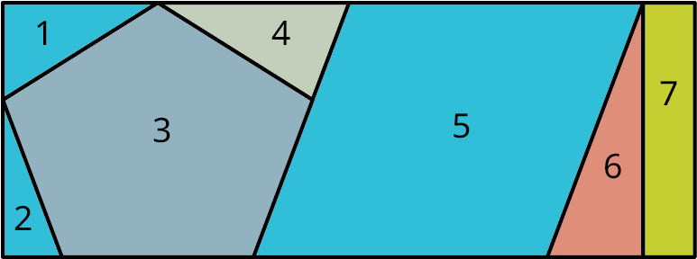 Rétthyrningur úr sjö marghyrningum. Form 1, 2, 4 og 6 eru þríhyrningar, 3 er fimmhyrningur, 5 samsíðungur og 7 rétthyrningur.