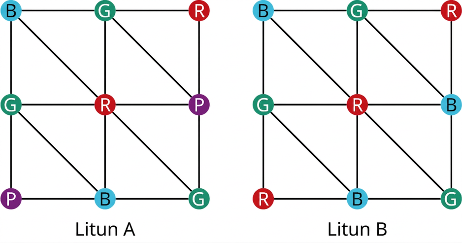 Tvö net eru merkt litun A og litun B. Í fyrra netinu eru níu hnútar í þremur röðum og þremur dálkum. Röð 1: B, G og R. Röð 2: G, R og P. Röð 3: P, B og G. Ytri hnútarnir tengjast og mynda ferning. Lóðrétt og lárétt lína um miðjuna tengja GR, RB, GR og RP. Hornalínur tengja BR, RG, GB og GP. Í seinna netinu eru níu hnútar í þremur röðum og þremur dálkum. Röð 1: B, G og R. Röð 2: G, R og B. Röð 3: R, B og G. Ytri hnútarnir tengjast og mynda ferning. Lóðrétt og lárétt lína um miðjuna tengja GR, RB, GR og RB. Hornalínur tengja BR, RG, GB og GB.
