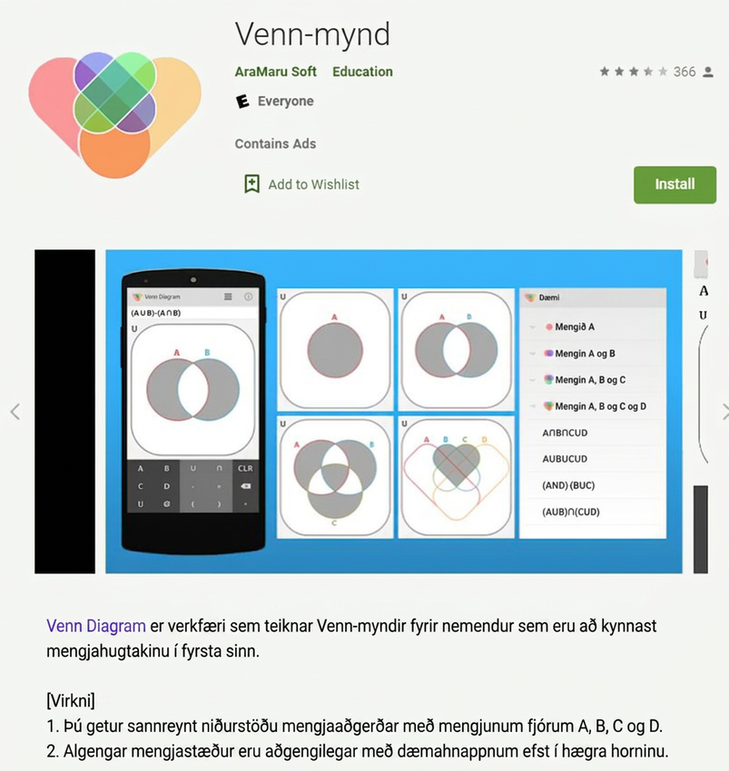 Skjáskot af smáforritinu Venn Diagram í Google Play-versluninni.