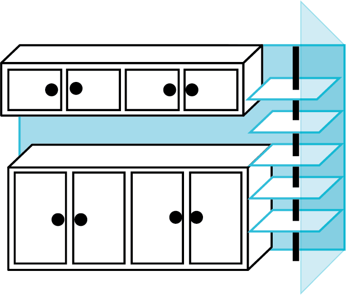 Mynd af gegnsæjum glervegg, fimm hillum og skápum.