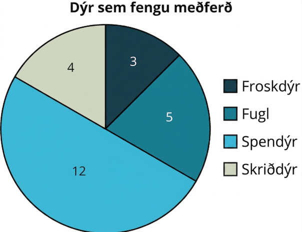 Skífurit með heitinu „Dýr í meðferð“ skiptist í fjóra misstóra hluta. Gögnin eru: froskdýr 3; fuglar 5; spendýr 12; skriðdýr 4.