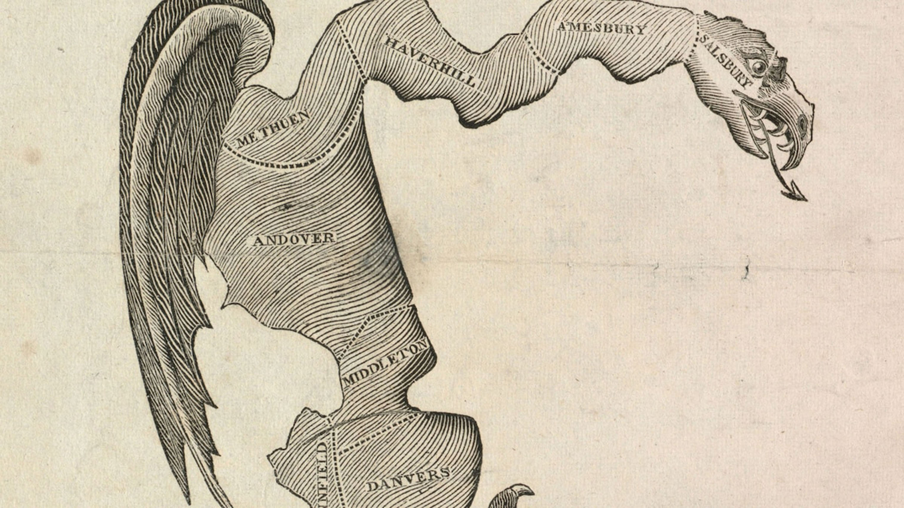 Mynd sýnir skopmyndakort af Gerry-Mander úr dagblaðinu Boston Gazette.
