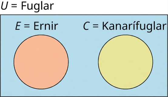 Venn-mynd sýnir tvö sundurlæg mengi. Grunnmengið er merkt „𝑈 = fuglar“, fyrra mengið „𝐸 = ernir“ og það síðara „𝐶 = kanarífuglar“.