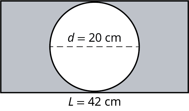Hringur er innritaður í rétthyrning. Lengd rétthyrningsins er L = 42 cm. Þvermál hringsins er 20 cm og hringurinn snertir efri og neðri hlið rétthyrningsins.