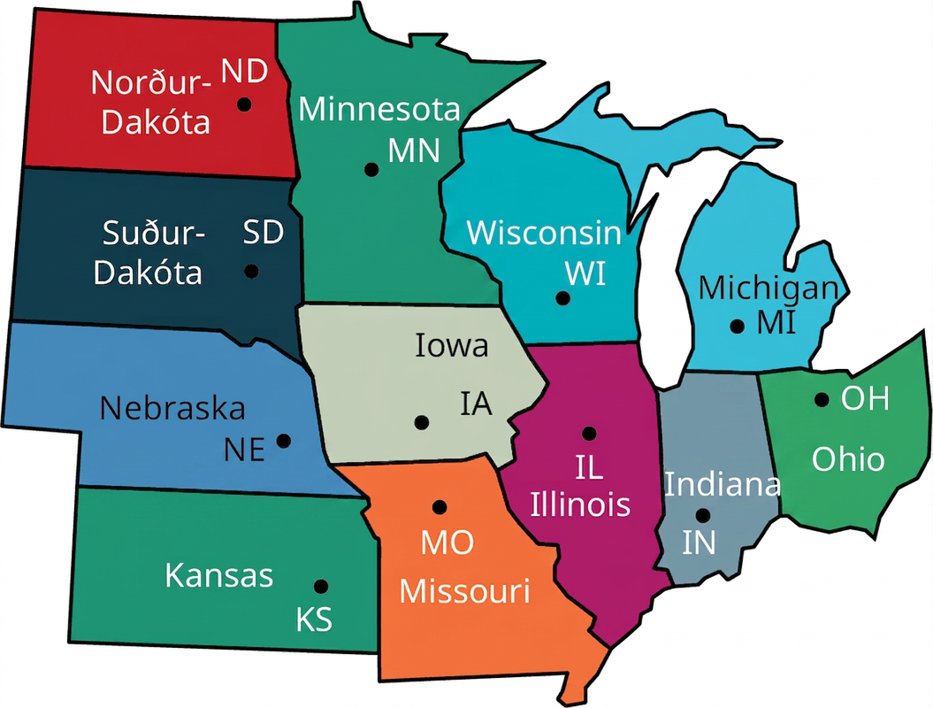 Hluti Bandaríkjakorts sýnir miðvesturfylkin North Dakota (ND), South Dakota (SD), Nebraska (NE), Kansas (KS), Minnesota (MN), Iowa (IA), Missouri (MO), Wisconsin (WI), Illinois (IL), Indiana (IN), Michigan (MI) og Ohio (OH).