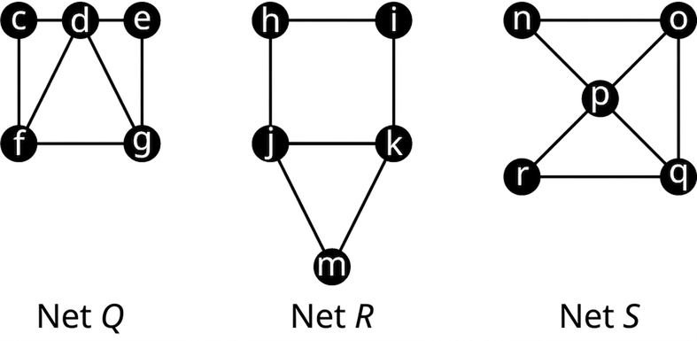 Þrjú net. Net Q hefur fimm hnúta: c, d, e, f og g. Leggirnir tengja cd, de, eg, gf, fc, df og dg. Net R hefur fimm hnúta: h, i, j, k og m. Leggirnir tengja hi, ik, km, mj, jh og jk. Net S hefur fimm hnúta: n, o, p, q og r. Leggirnir tengja no, oq, qr, qp, rp, po og pn.