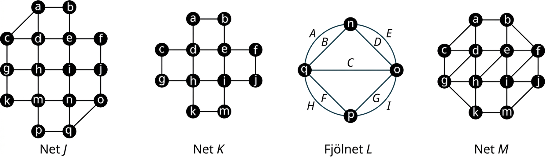 Fjögur net. Net J hefur 16 hnúta. Leggirnir eru ab, ac, ad, be, cd, de, ef, cg, dh, ei, fj, gh, hi, ij, gk, hm, in, jo, km, mn, no, mp, nq, oq og pq. Net K hefur 12 hnúta. Leggirnir eru ab, ad, be, cd, de, ef, cg, dh, ei, fj, gh, hi, ij, hk, im og km. Fjölnet L hefur fjóra hnúta. Beinu leggirnir eru nq merktur B, no merktur D, qp merktur F, op merktur G og qc merktur C. Bogadregnu leggirnir eru qn merktur A, no merktur E, op merktur I og pq merktur H. Net M hefur 12 hnúta. Leggirnir eru ab, ac, ad, be, bf, cd, de, ef, cg, gd, dh, he, ei, if, fj, gh, hi, ij, gk, hk, im, jm og km.